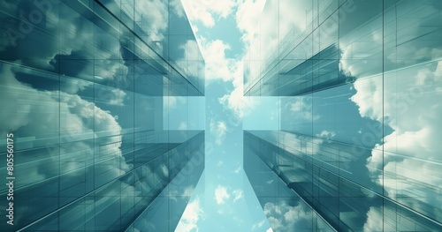geometry lines and mirrored glass reflections creative abstract background, blue sky and futuristic contemporary fractal structure