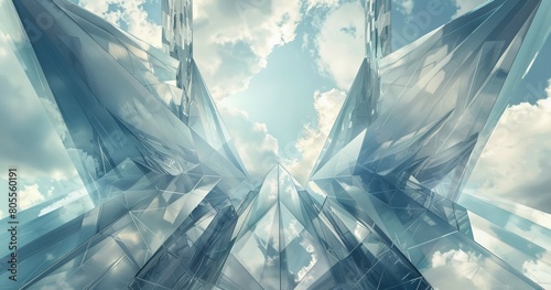 geometry lines and mirrored glass reflections creative abstract background, blue sky and futuristic contemporary fractal structure