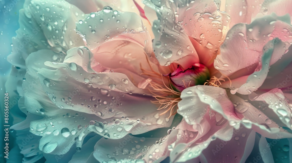 Fototapeta premium A tranquil garden scene with dewdrops glistening on the petals of a blooming peony, radiating freshness and purity.