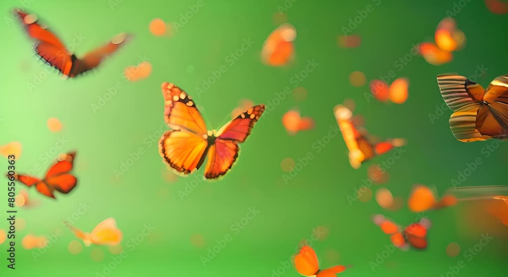 Animation of a flock of flying butterflies isolated on a green screen.
