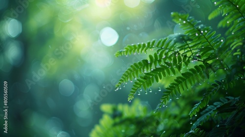 A tranquil morning in the forest  with dewdrops clinging to the leaves of ferns  reflecting the serenity of the natural world.