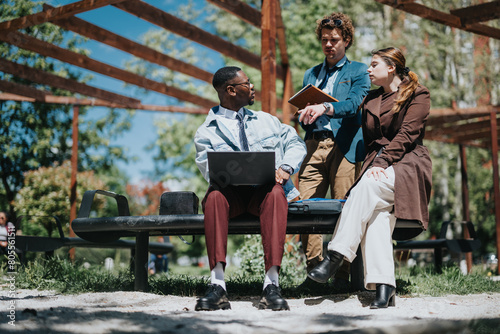 Diverse business professionals collaborate outdoors  using a laptop in a park  on a sunny day  focusing on project planning.