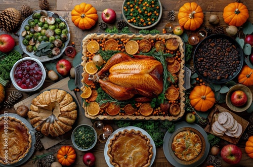 Turkey Sitting on Top of Thanksgiving Table Surrounded by Food