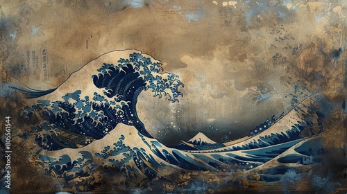 Great wave in ocean as vintage Japanese style illustration wallpaper background. AI generated illustration photo