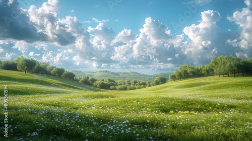 Field With Grass and Flowers Under Blue Sky