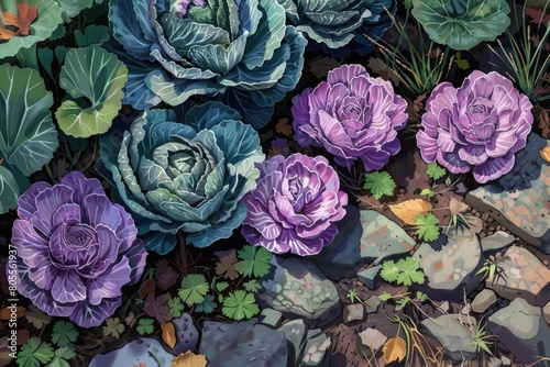 Vibrant painting of cabbages in a garden, perfect for farm or vegetable themed designs