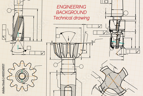 Mechanical engineering drawings on sepia background. Tap tools, borer. Technical Design. Cover. Blueprint. Vector illustration.
