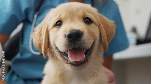 An adorable puppy receiving a thorough dental check-up from a smiling vet, emphasizing the importance of oral health for pets.