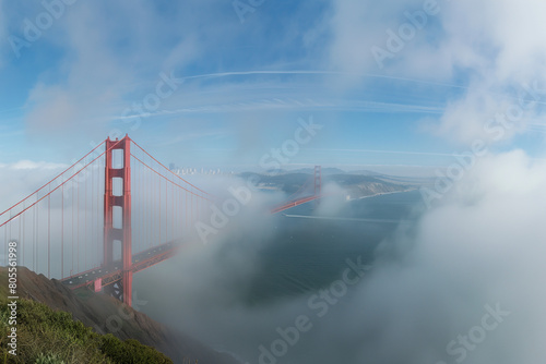 Golden gate bridge panorama surrounded with clouds