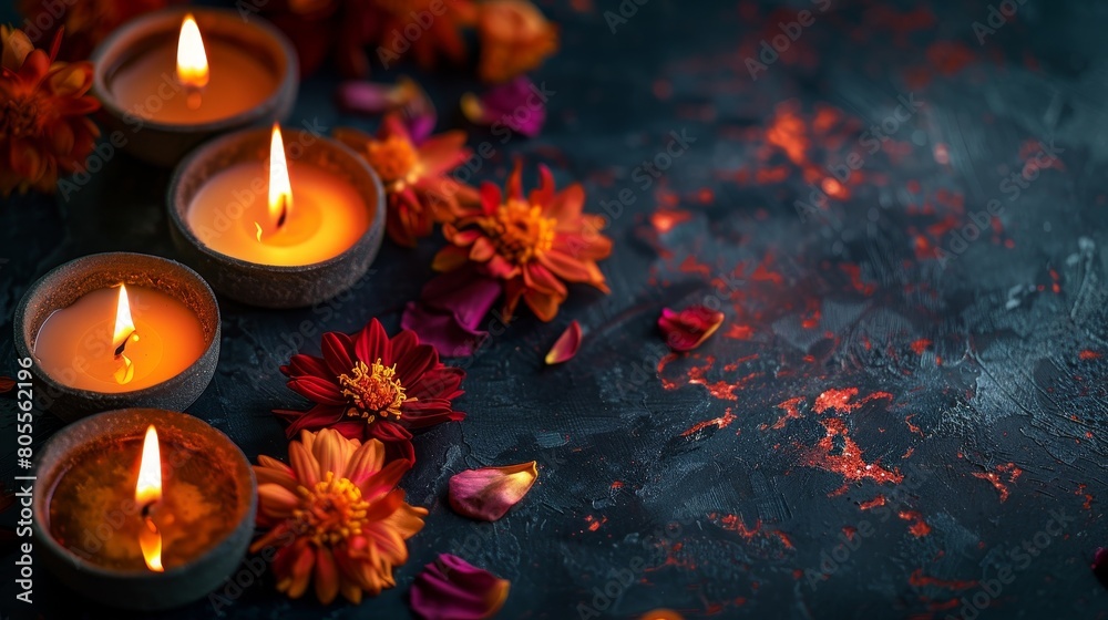 Burning candles and flowers on black background 