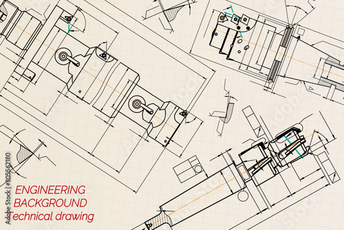 Mechanical engineering drawings on sepia background. Tap tools, borer. Technical Design. Cover. Blueprint. Vector illustration.