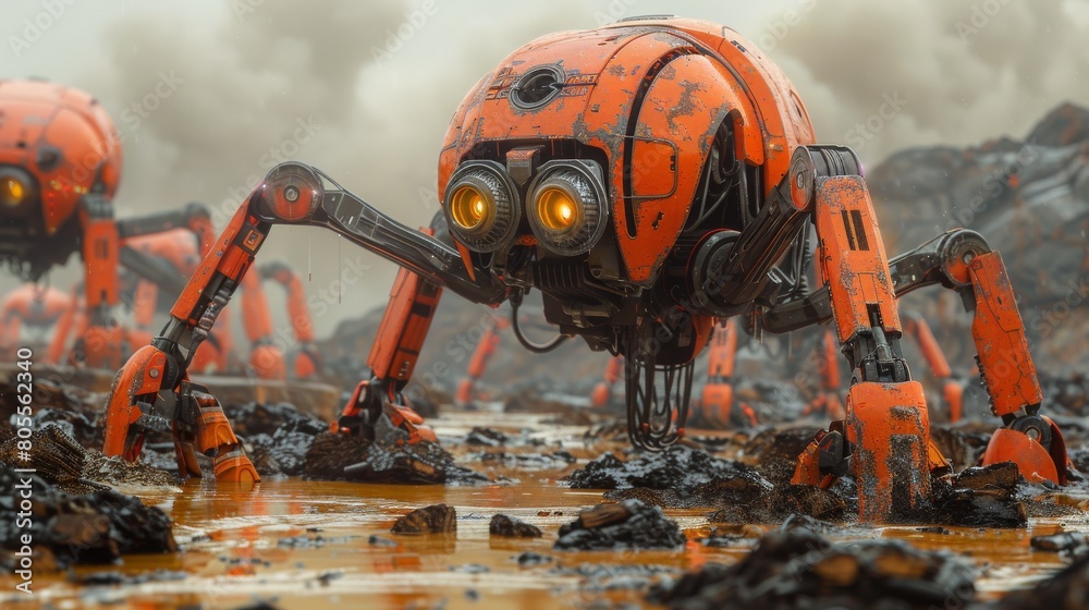 Group of Orange Robots Walking Across Muddy Field Group of Orange Robots Walking Across Muddy Field
