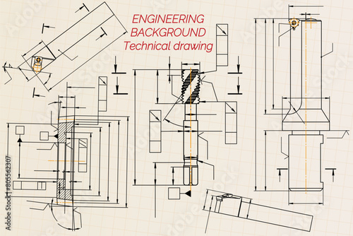 Mechanical engineering drawings on light background. Tap tools, borer, cutting tools, milling cutter. Technical Design. Cover. Blueprint. Vector illustration.