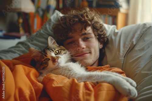 Young man is laying on a bed with his cat on his chest taking a selfie. Generative AI.
