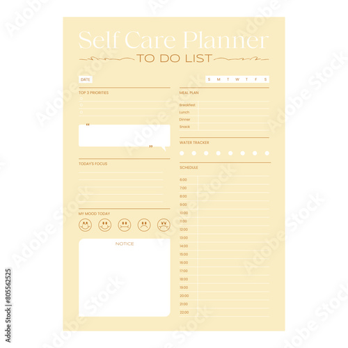 Template of self care journal for tracking your daily routine, mood , weekly and daily trackers, planner. Trendy colors, printable blank for organize taks and schedule, track goal progress, to do list