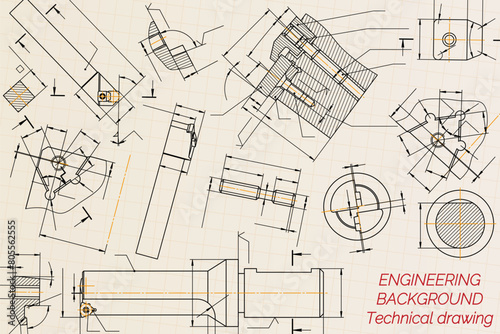 Mechanical engineering drawings on light background. Tap tools, borer, cutting tools, milling cutter. Technical Design. Cover. Blueprint. Vector illustration.