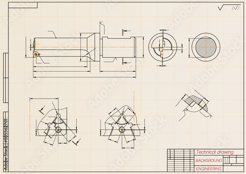 Mechanical engineering drawings on light background. Tap tools, borer. Technical Design. Cover. Blueprint. Vector illustration.