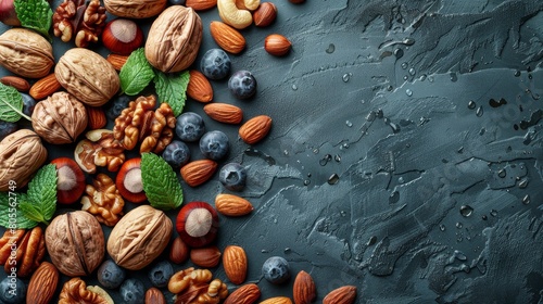 Nuts and Blueberries on a Dark Background