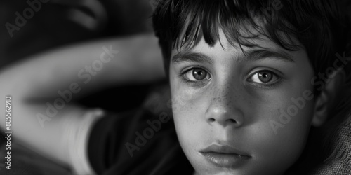 A simple, classic black and white portrait of a young boy. Suitable for various projects