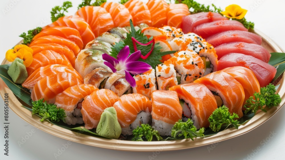 An artistically arranged sushi platter featuring delicate slices of fresh salmon, epitomizing Japanese culinary finesse and artistry. An artistically arranged sushi platter featuring delicate slices of fresh salmon, epitomizing Japanese culinary finesse and artistry.