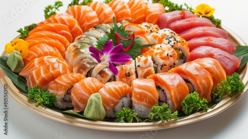 An artistically arranged sushi platter featuring delicate slices of fresh salmon, epitomizing Japanese culinary finesse and artistry.