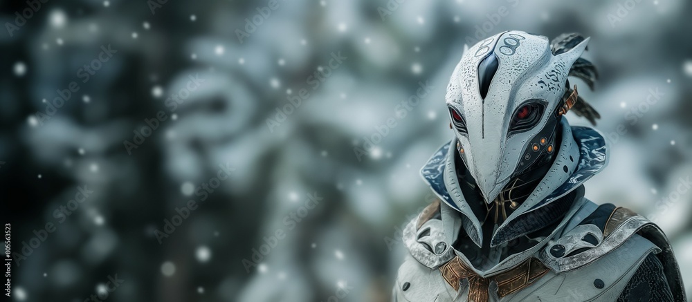 white futuristic sci fi android cyborg robot standing outside in the winter snow. 