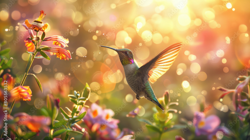 Fototapeta premium flying hummingbird surrounded by flowers in nature