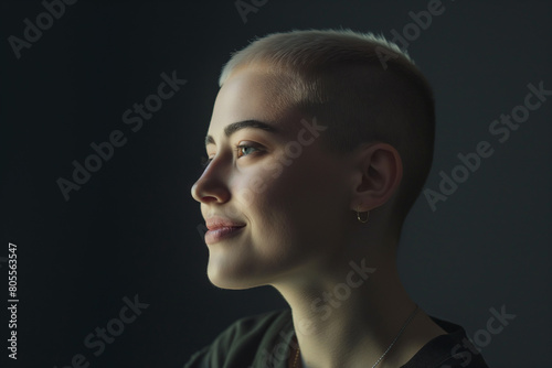 A smiling woman with a very short haircut  photographed from the side.