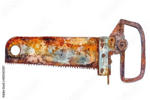 A vintage rusted metal hand saw on a plain white background. Ideal for construction or carpentry concepts photo