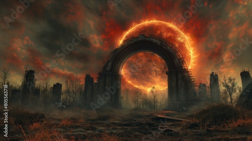 post apocalyptic landscape with a ancient gate and burning planet in the sky.  photo