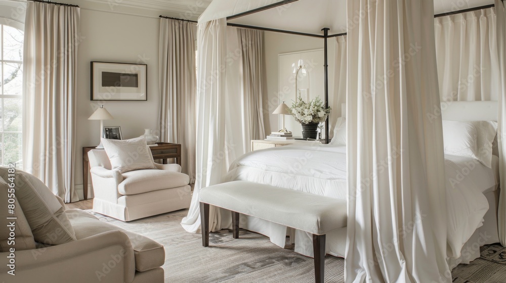 An elegant minimalist master bedroom with a canopy bed, minimalist furnishings, and luxurious textiles, evoking a sense of sophistication.