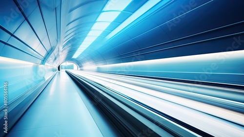 Blurred motion view of a futuristic tunnel with smooth curves and blue lighting, conveying a sense of high speed and urban technology.