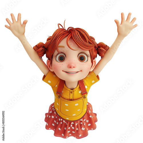 Mała dziewczynka stoi z rękoma uniesionymi w górę, wydaje się radosna i pełna energii. Jest ubrana w prosty strój