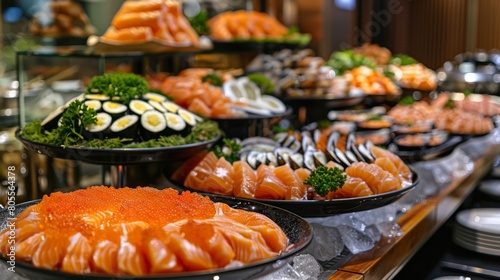 An enticing seafood buffet display featuring an array of sumptuous salmon delicacies, tempting guests with its gastronomic delights.