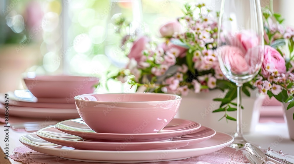 Beautiful Springtime Table Setting with Pink Dishes and Flowers Beautiful Springtime Table Setting with Pink Dishes and Flowers