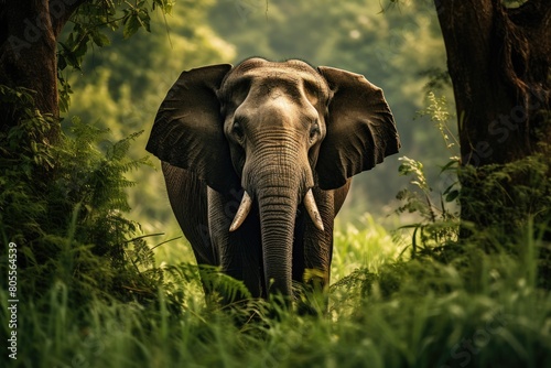 An elephant emerging from dense green foliage in a lush forest.