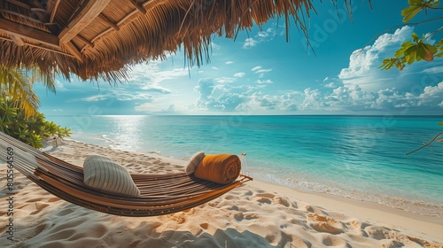 Luxury beach resort relaxation, panoramic ocean view, hammock in the foreground, YouTube thumbnail