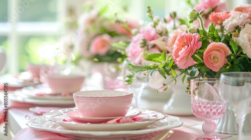 Beautiful Springtime Table Setting with Pink Dishes and Flowers