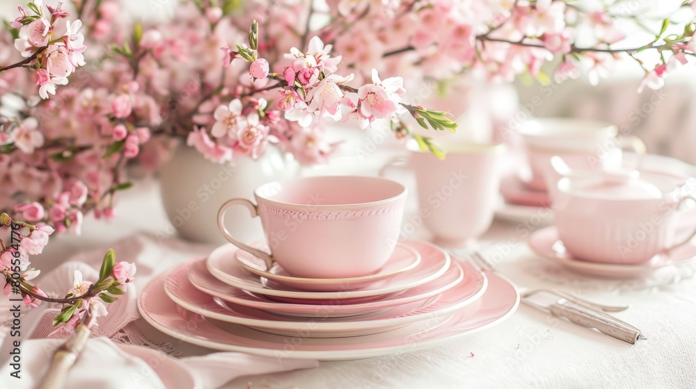 Beautiful Springtime Table Setting with Pink Dishes and Flowers Beautiful Springtime Table Setting with Pink Dishes and Flowers