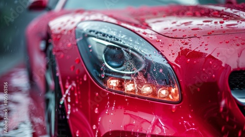 Red Car Driving Down Wet Street