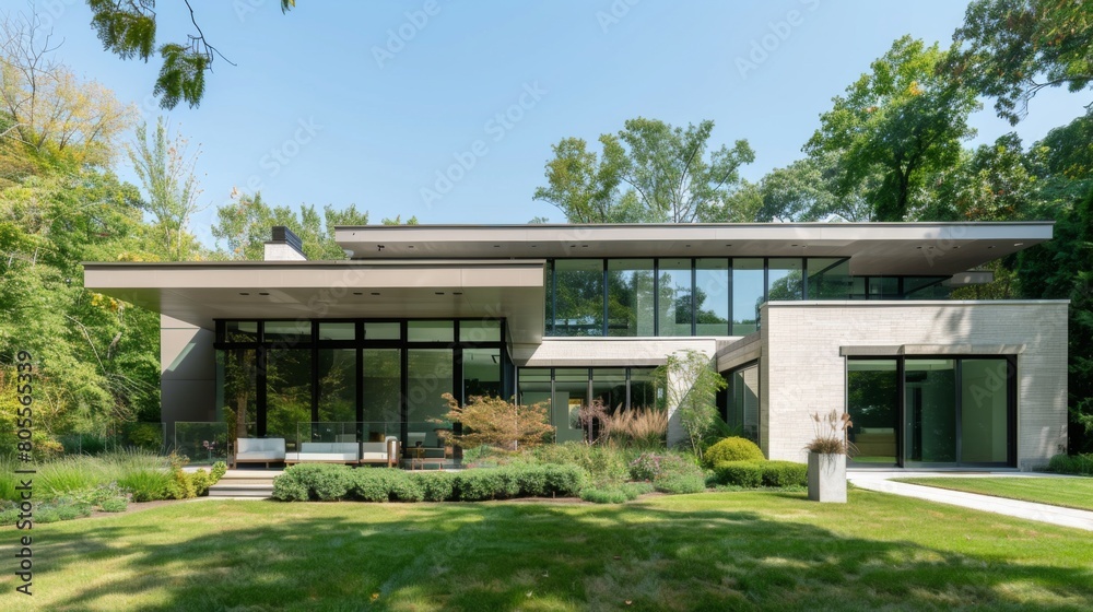 An exterior shot of a minimalist style home with a flat roof, floor-to-ceiling windows, and minimalist landscaping.