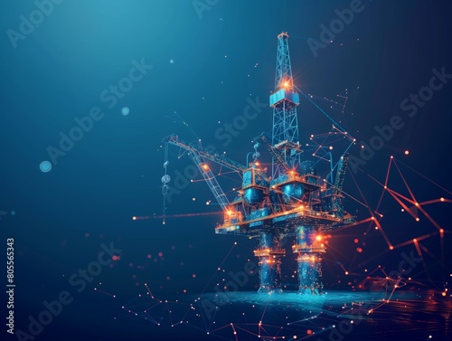 Neural lowpoly AI futuristic neon network of oil rig