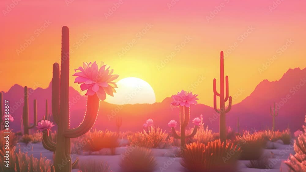 Serene desert sunset with blooming cacti and vibrant colors Serene desert sunset with blooming cacti and vibrant colors