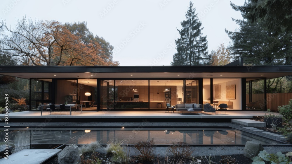 An exterior shot of a minimalist style home with a flat roof, floor-to-ceiling windows, and minimalist landscaping.