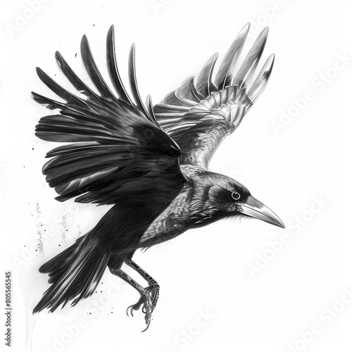 Rook Bird Pencil Sketch Hand Drawn Black and White Depiction of Corvus Frugilegus on a Blank White Background photo