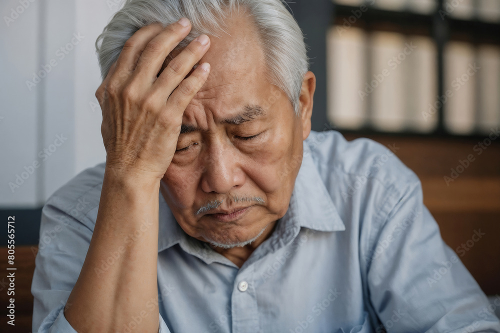 Asian pensioner sitting with hand on head, problems, bank debt, loneliness. Health problems, stress and depression