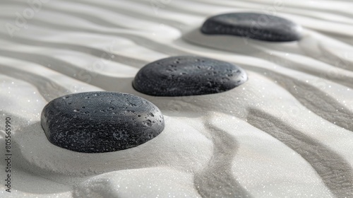 Background of white sand and three black round stones 
