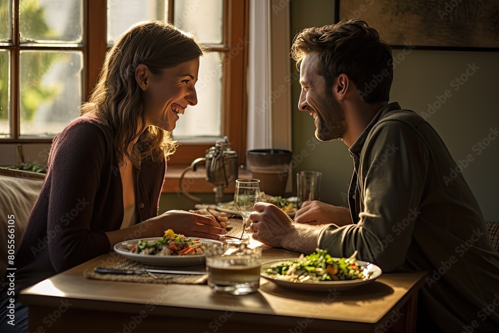 A man and a woman enjoying a candlelit dinner at a small table, with warm ambient lighting in a cozy, plant-filled room. A man and a woman enjoying a candlelit dinner at a small table, with warm ambient lighting in a cozy, plant-filled room.