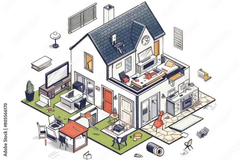Naklejka premium A detailed illustration of a house with a kitchen and living room. Perfect for real estate and interior design concepts