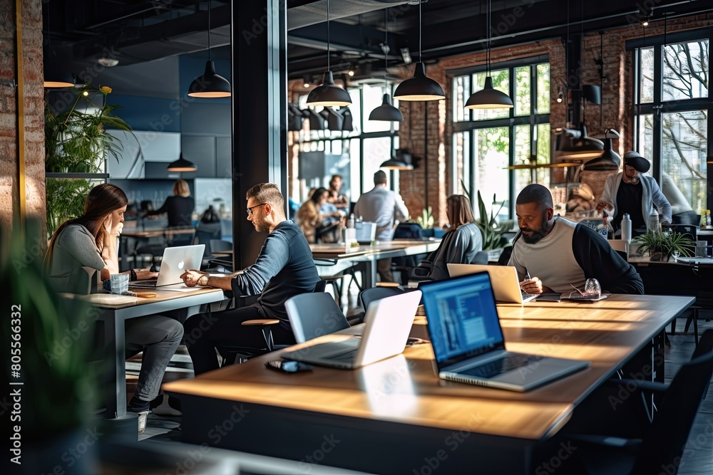 Modern office space with multiple people working at individual tables on laptops, in a room with large windows and industrial style decor.